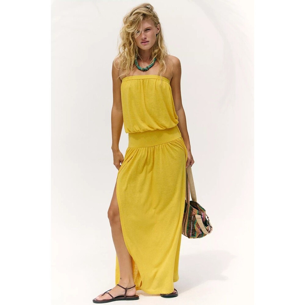 Free People Free-est Libby Tube Maxi Dress Smocked Yellow Strapless XS 290429